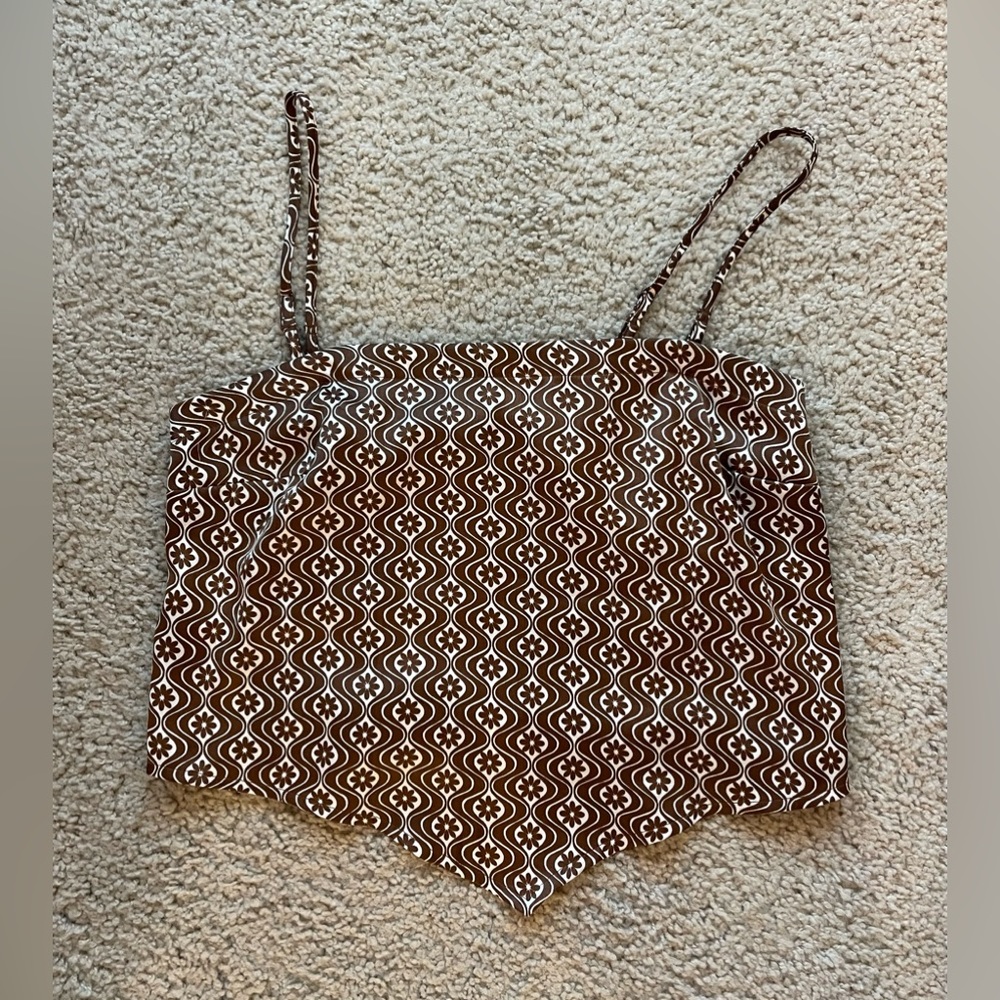 Brown and white silken Hollister crop top with removable straps, size S